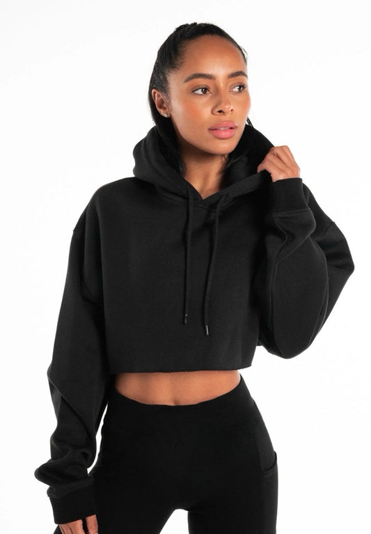 Cropped Loose Fit Plain Hoodie - Black