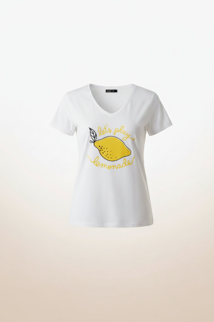 White t-shirt with a yellow lemon graphic and text on a white background