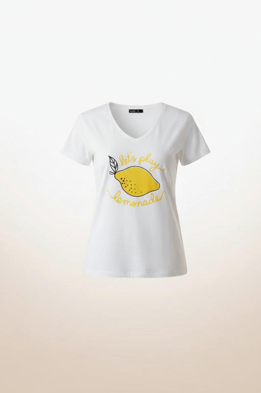 White t-shirt with a yellow lemon graphic and text on a white background