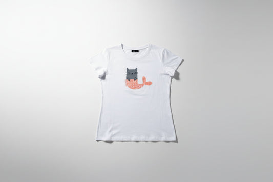 White t-shirt with a graphic of a cat and fish on a white background