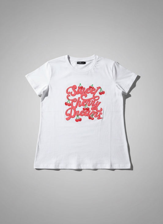 White t-shirt with red text on a gray background