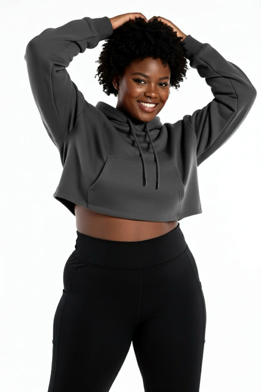 Cropped Loose Fit Plain Hoodie - Charcoal