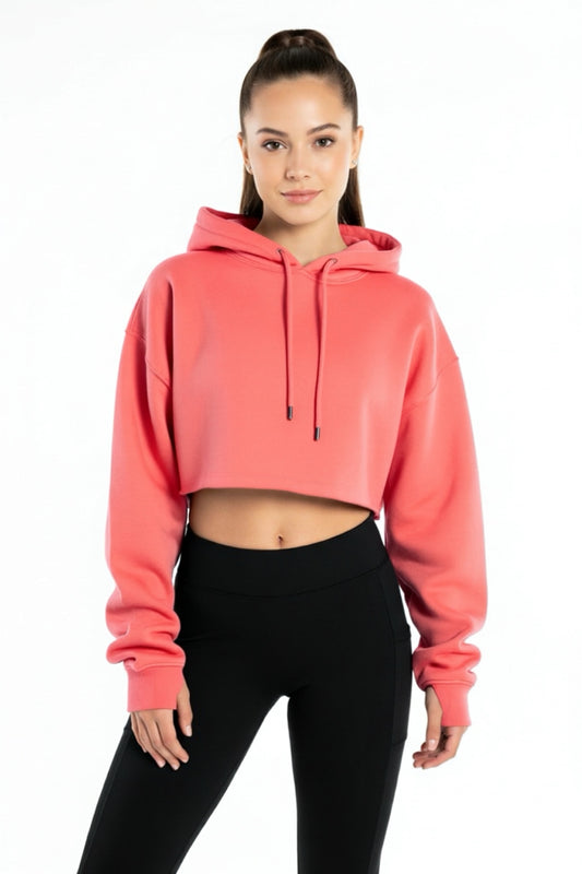Cropped Loose Fit Plain Hoodie - Coral Pink