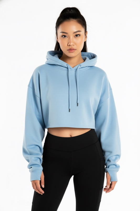 Cropped Loose Fit Plain Hoodie - Iced Blue