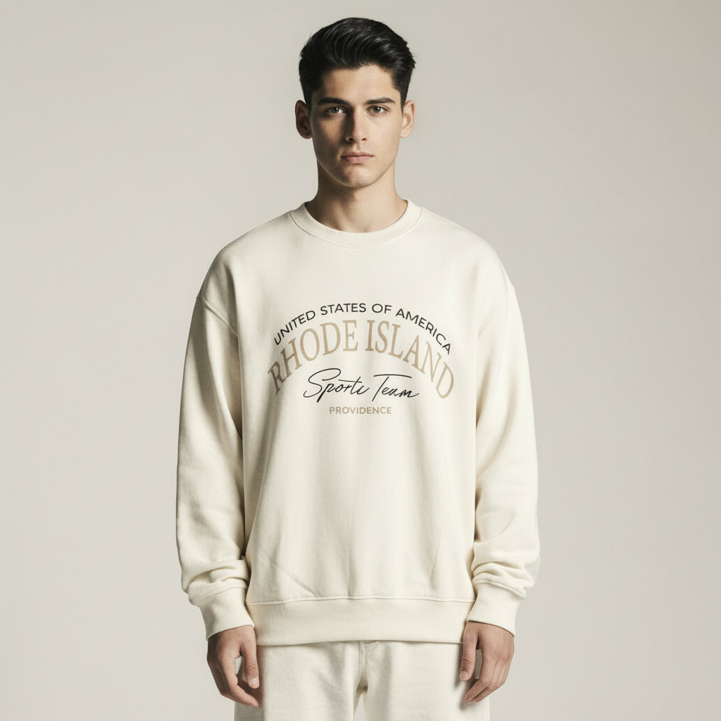 Man wearing a cream-colored sweatshirt and pants with text on a white background