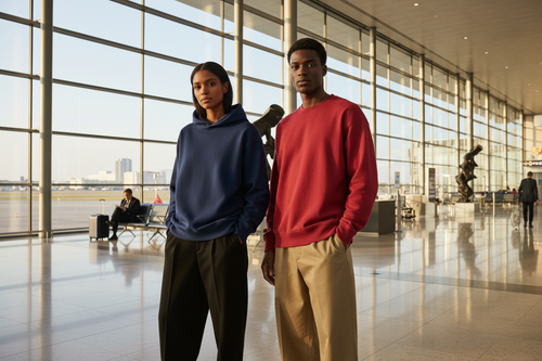 Wide website banner image of two fashion models standing inside a modern, luxurious airport terminal with large glass windows, soft natural daylight, and polished floors. Model 1 wears an oversized plain navy blue hoodie with relaxed-fit black trousers. Model 2 wears an oversized plain red sweatshirt with relaxed-fit khaki bottoms. Both outfits appear soft, premium, thick, and high-quality, with clean minimal design and perfect fabric drape. Models pose in a relaxed, confident, editorial style. Background s