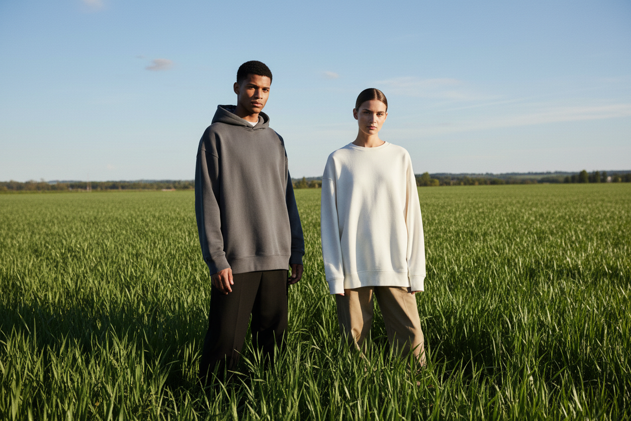 Wide website banner image of two fashion models standing inside a modern, luxurious shoot location which is a green field with prominent grass, soft natural daylight, and clear sky. Model 1 wears an oversized plain grey hoodie with relaxed-fit black trousers. Model 2 wears an oversized plain white sweatshirt with relaxed-fit khaki bottoms. Both outfits appear soft, premium, thick, and high-quality, with clean minimal design and perfect fabric drape. Models pose in a relaxed, confident, editorial style. Back